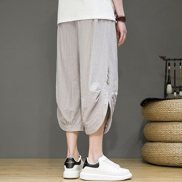 Buddha Stones Casual Białe Paski Wzór Ściągacz Guziki Projekt Męskie Bawełniane Spodnie Harem Z Kieszeniami - image 5