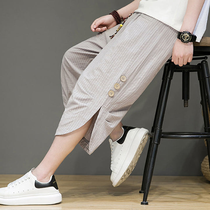 Buddha Stones Casual Białe Paski Wzór Ściągacz Guziki Projekt Męskie Bawełniane Spodnie Harem Z Kieszeniami - image 7