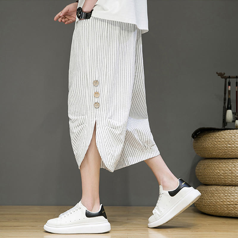 Buddha Stones Casual Białe Paski Wzór Ściągacz Guziki Projekt Męskie Bawełniane Spodnie Harem Z Kieszeniami - image 21