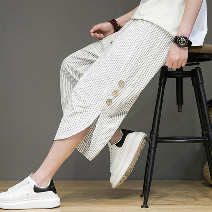 Buddha Stones Casual Białe Paski Wzór Ściągacz Guziki Projekt Męskie Bawełniane Spodnie Harem Z Kieszeniami - image 24