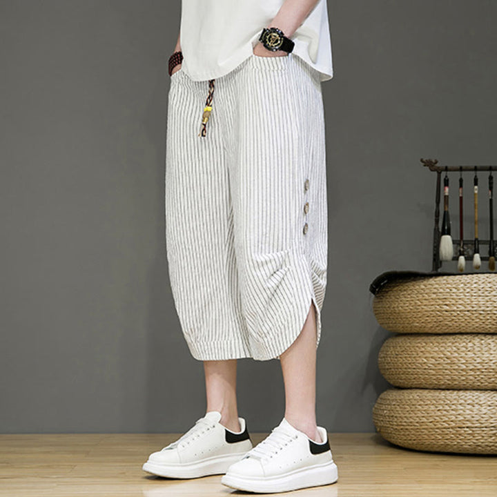 Buddha Stones Casual Białe Paski Wzór Ściągacz Guziki Projekt Męskie Bawełniane Spodnie Harem Z Kieszeniami - image 20