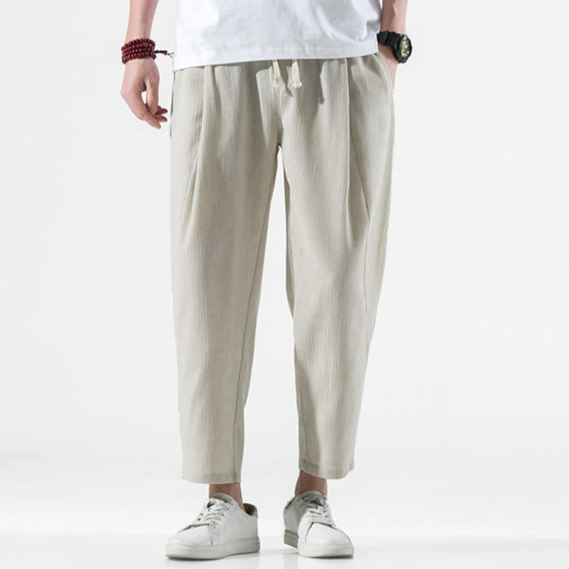 Buddha Stones Casualowe, gładkie, plisowane, ściągane sznurkiem, męskie, długie, bawełniane, lniane spodnie haremowe z kieszeniami - image 2