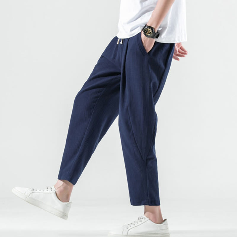 Buddha Stones Casualowe, gładkie, plisowane, ściągane sznurkiem, męskie, długie, bawełniane, lniane spodnie haremowe z kieszeniami - image 40