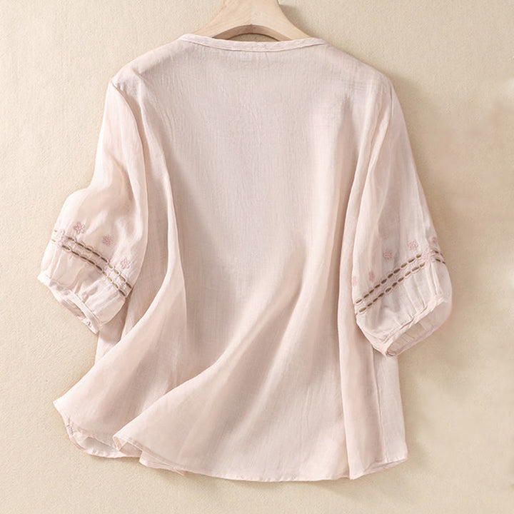 Koszula damska Buddha Stones z okrągłym dekoltem i pustym wzorem, z krótkim rękawem, z bawełny i lnu - image 2