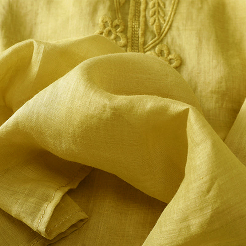 Koszula damska Buddha Stones z okrągłym dekoltem i pustym wzorem, z krótkim rękawem, z bawełny i lnu