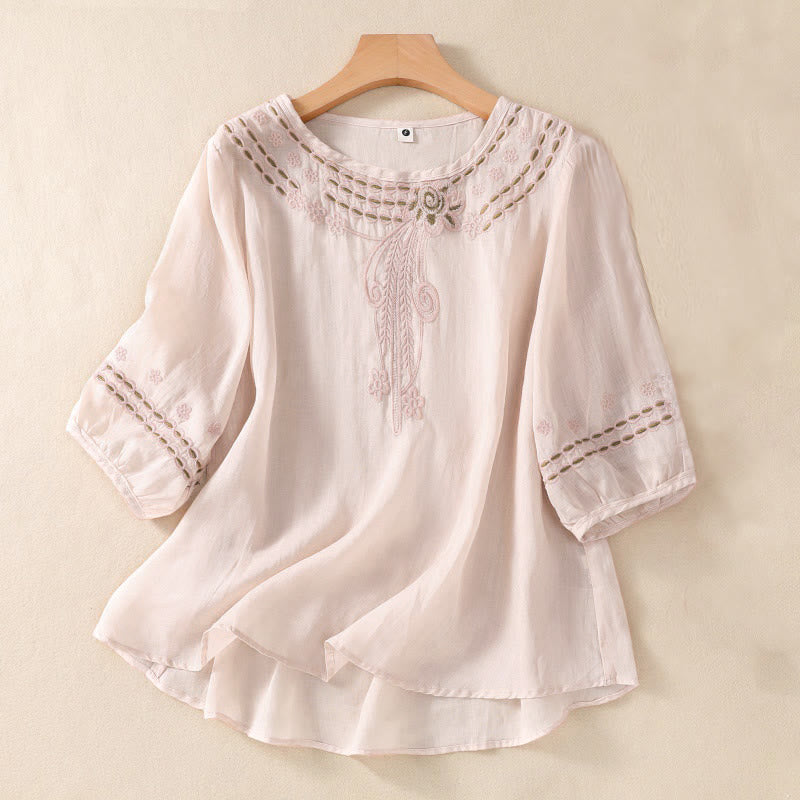 Koszula damska Buddha Stones z okrągłym dekoltem i pustym wzorem, z krótkim rękawem, z bawełny i lnu - MistyRose - US8-10，UK/AU12-14，EU40-42 (2XL) - image 0