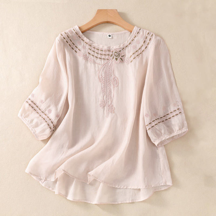 Koszula damska Buddha Stones z okrągłym dekoltem i pustym wzorem, z krótkim rękawem, z bawełny i lnu - MistyRose - US8-10，UK/AU12-14，EU40-42 (2XL) - image 0