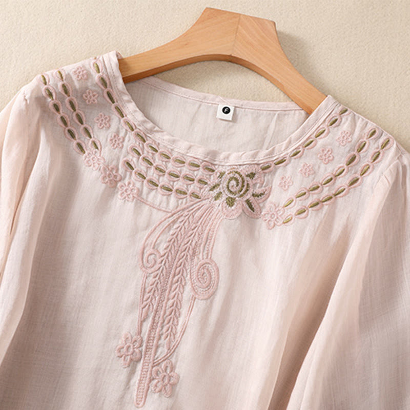 Koszula damska Buddha Stones z okrągłym dekoltem i pustym wzorem, z krótkim rękawem, z bawełny i lnu - image 3