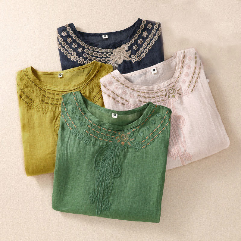 Koszula damska Buddha Stones z okrągłym dekoltem i pustym wzorem, z krótkim rękawem, z bawełny i lnu - image 25