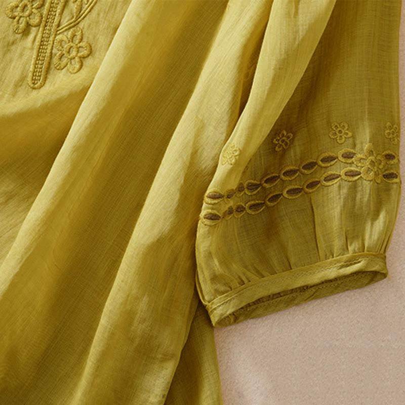 Koszula damska Buddha Stones z okrągłym dekoltem i pustym wzorem, z krótkim rękawem, z bawełny i lnu