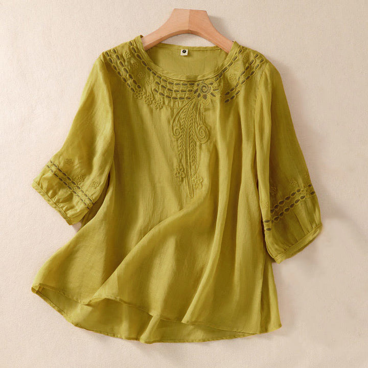 Koszula damska Buddha Stones z okrągłym dekoltem i pustym wzorem, z krótkim rękawem, z bawełny i lnu - Nawłoć - US8-10，UK/AU12-14，EU40-42 (2XL) - image 14