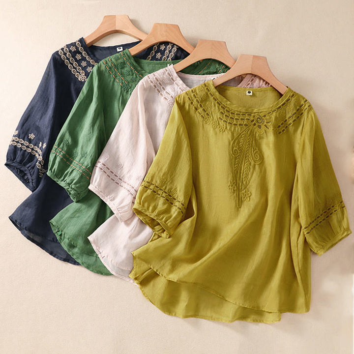 Koszula damska Buddha Stones z okrągłym dekoltem i pustym wzorem, z krótkim rękawem, z bawełny i lnu