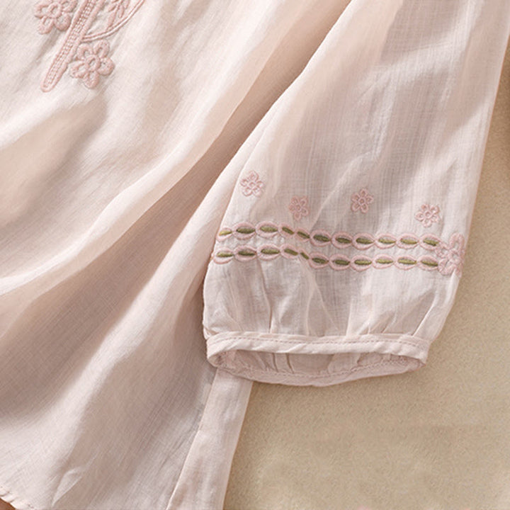 Koszula damska Buddha Stones z okrągłym dekoltem i pustym wzorem, z krótkim rękawem, z bawełny i lnu