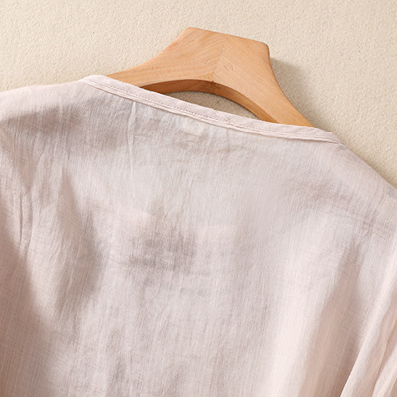 Koszula damska Buddha Stones z okrągłym dekoltem i pustym wzorem, z krótkim rękawem, z bawełny i lnu