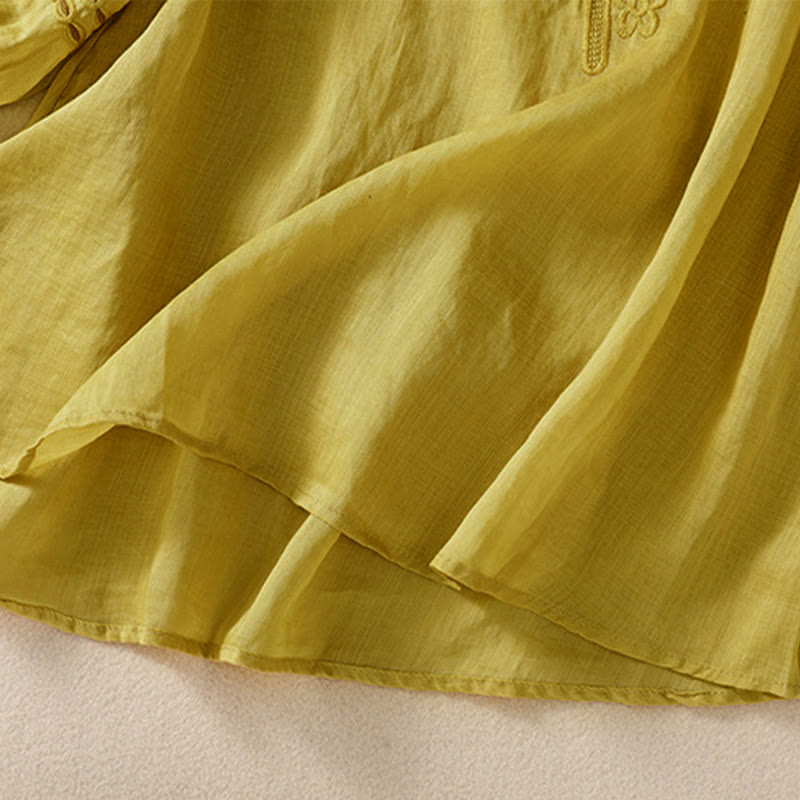 Koszula damska Buddha Stones z okrągłym dekoltem i pustym wzorem, z krótkim rękawem, z bawełny i lnu