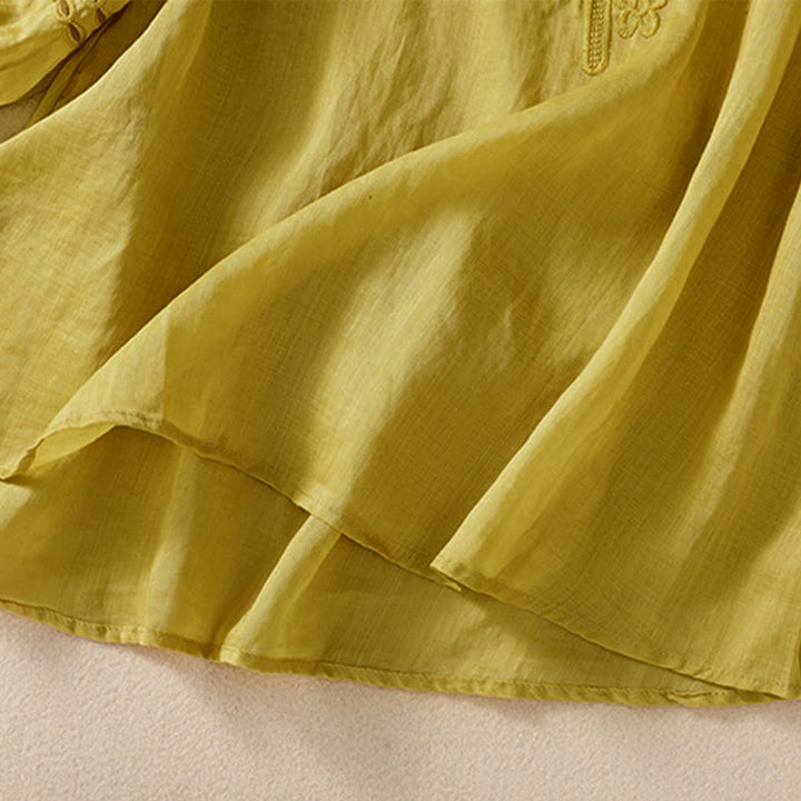 Koszula damska Buddha Stones z okrągłym dekoltem i pustym wzorem, z krótkim rękawem, z bawełny i lnu