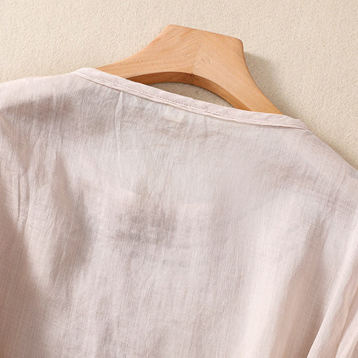 Koszula damska Buddha Stones z okrągłym dekoltem i pustym wzorem, z krótkim rękawem, z bawełny i lnu - image 5