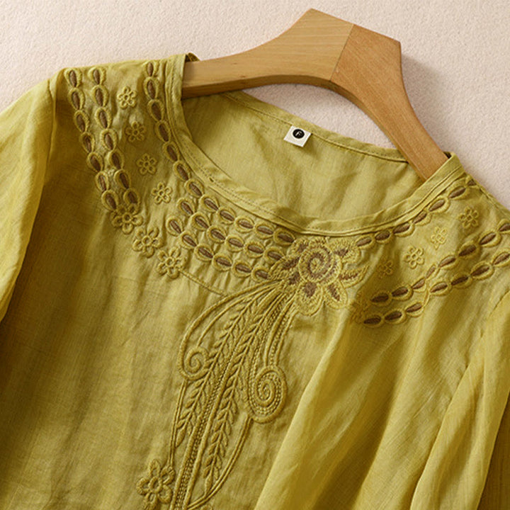 Koszula damska Buddha Stones z okrągłym dekoltem i pustym wzorem, z krótkim rękawem, z bawełny i lnu - image 16