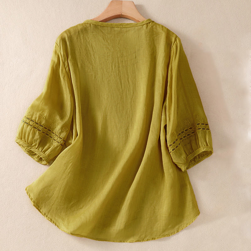 Koszula damska Buddha Stones z okrągłym dekoltem i pustym wzorem, z krótkim rękawem, z bawełny i lnu