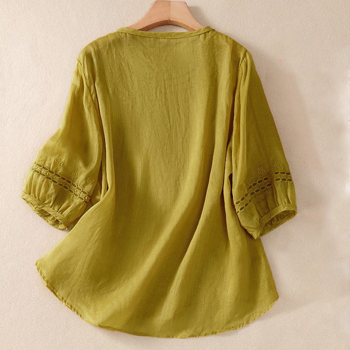 Koszula damska Buddha Stones z okrągłym dekoltem i pustym wzorem, z krótkim rękawem, z bawełny i lnu - image 15