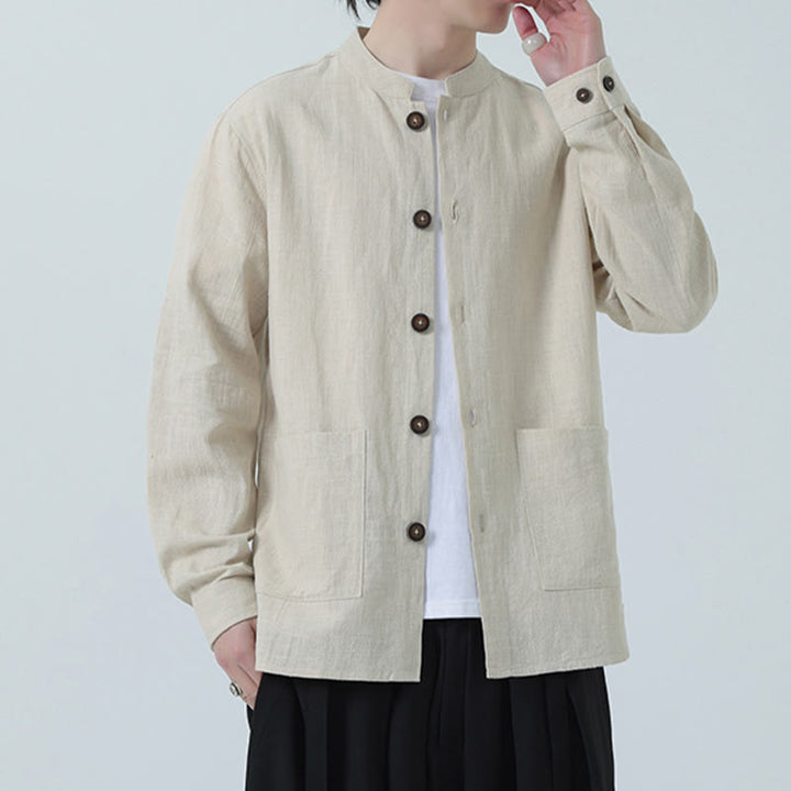 Kurtka męska z kieszeniami, podszewka z lnu i bawełny Buddha Stones z guzikami i polarem - image 12