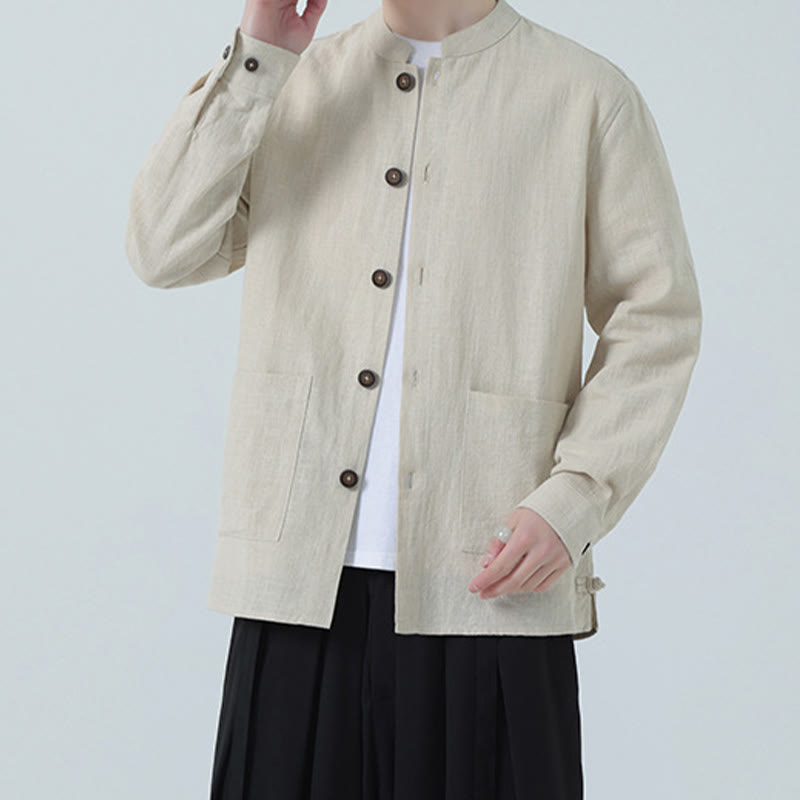 Kurtka męska z kieszeniami, podszewka z lnu i bawełny Buddha Stones z guzikami i polarem - image 9