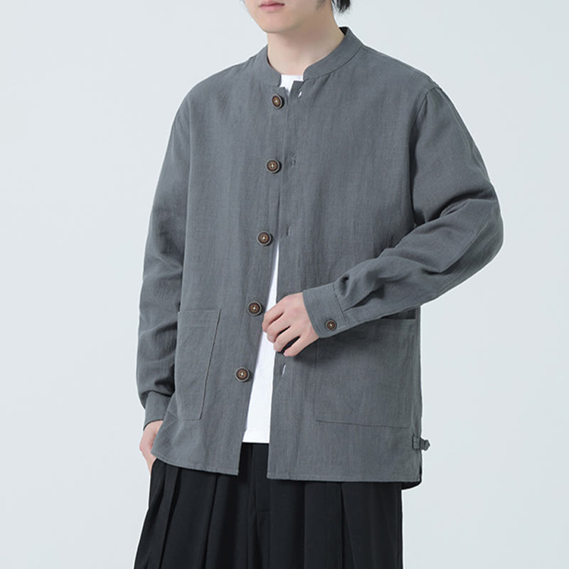 Kurtka męska z kieszeniami, podszewka z lnu i bawełny Buddha Stones z guzikami i polarem - image 16