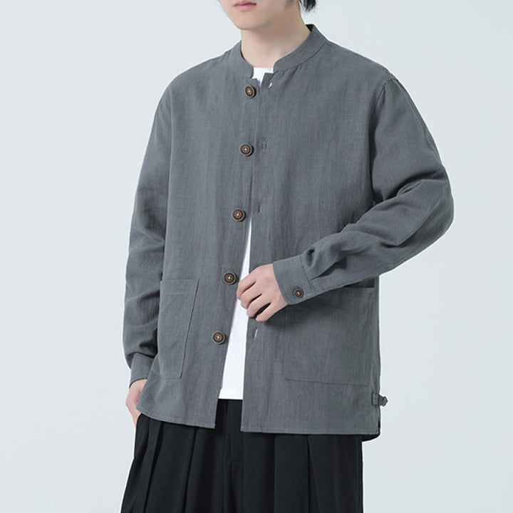 Kurtka męska z kieszeniami, podszewka z lnu i bawełny Buddha Stones z guzikami i polarem - image 16