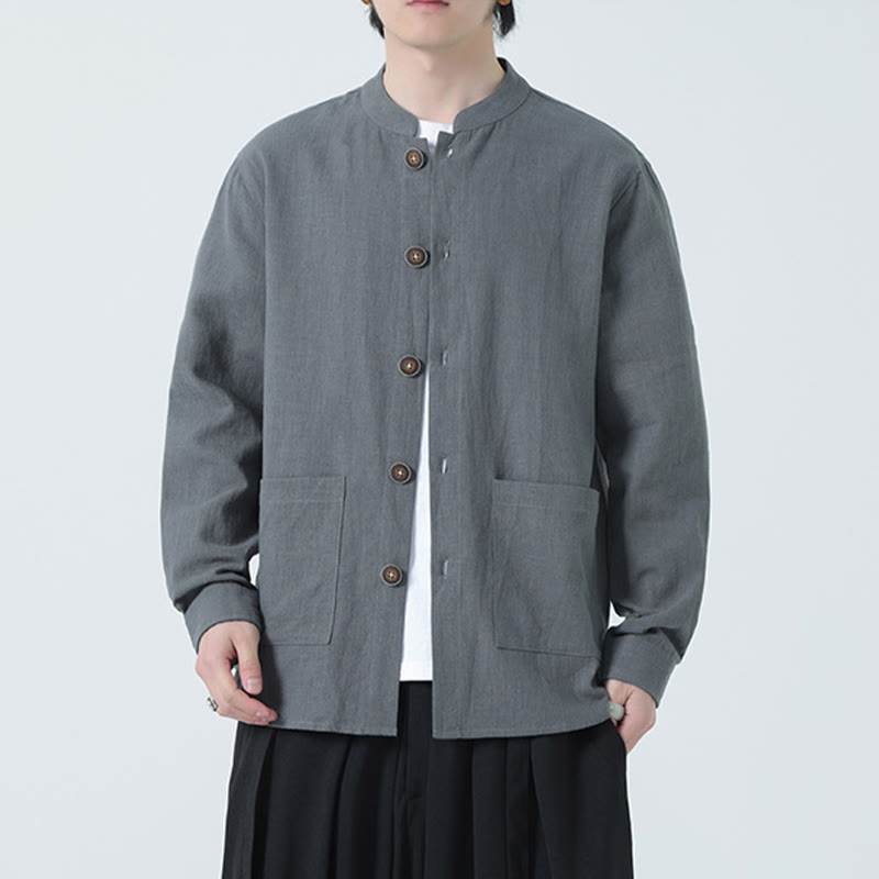 Kurtka męska z kieszeniami, podszewka z lnu i bawełny Buddha Stones z guzikami i polarem - image 0