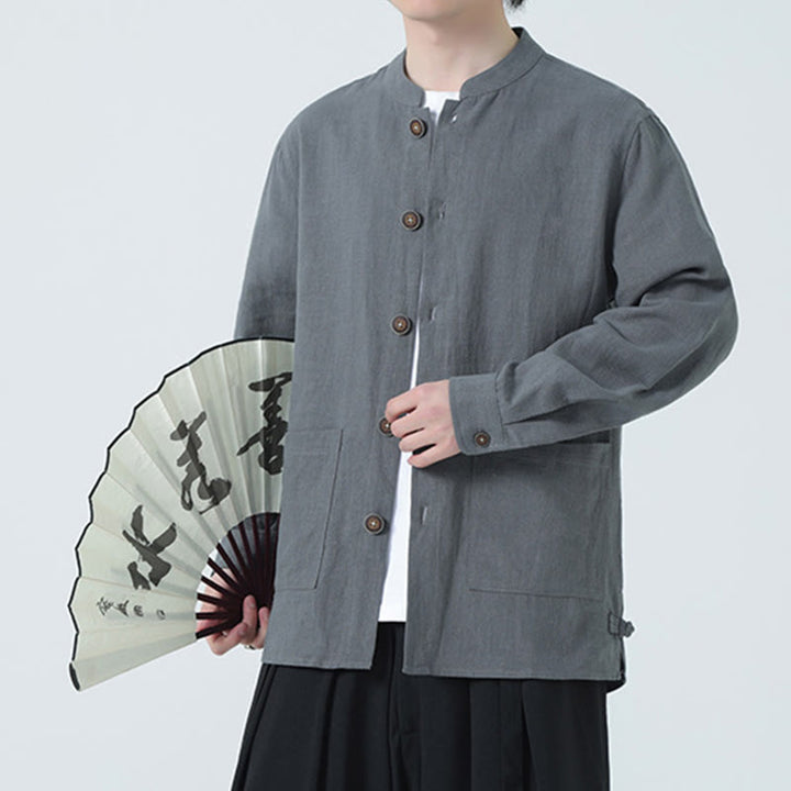 Kurtka męska z kieszeniami, podszewka z lnu i bawełny Buddha Stones z guzikami i polarem - Szary - US/UK/AU46， EU56 (5XL) - image 13