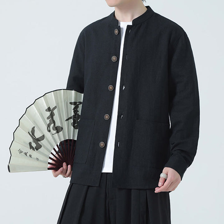 Kurtka męska z kieszeniami, podszewka z lnu i bawełny Buddha Stones z guzikami i polarem - Czarny - US/UK/AU46， EU56 (5XL) - image 19