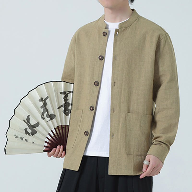 Kurtka męska z kieszeniami, podszewka z lnu i bawełny Buddha Stones z guzikami i polarem - Blada nawłoć - US/UK/AU46， EU56 (5XL) - image 26