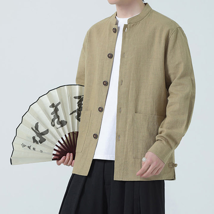 Kurtka męska z kieszeniami, podszewka z lnu i bawełny Buddha Stones z guzikami i polarem - image 29