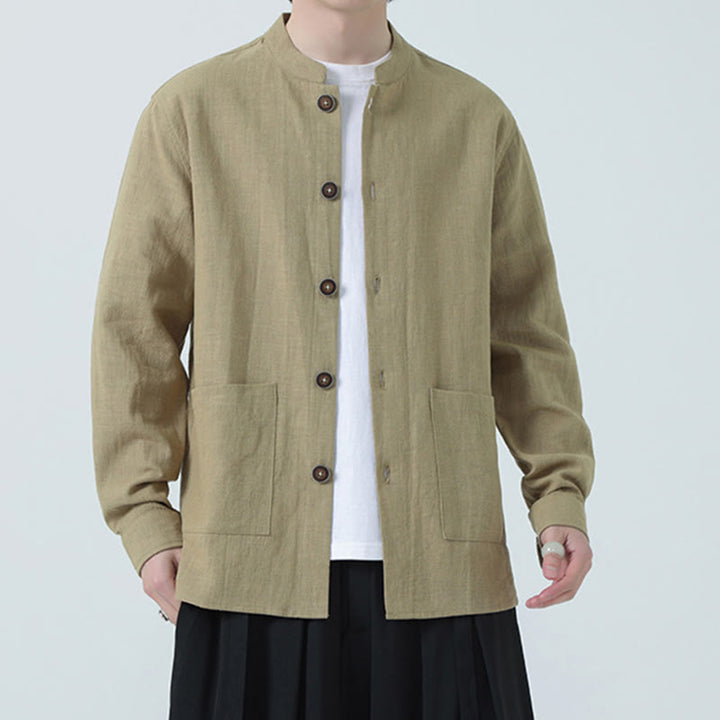 Kurtka męska z kieszeniami, podszewka z lnu i bawełny Buddha Stones z guzikami i polarem - image 31