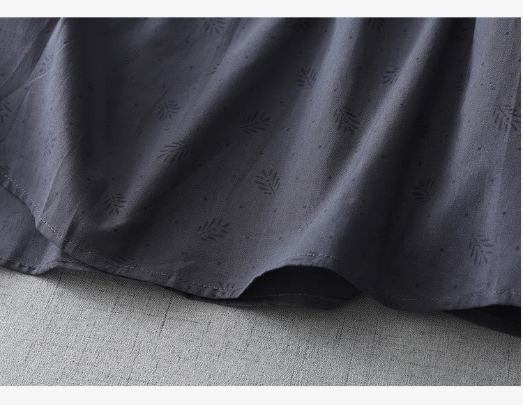 Buddha Stones Casual Retro Jednolity Kolor Guzik Marszczony Okrągły Dekolt Projekt Krótki Rękaw Bawełna Len Midi Sukienka Z Kieszeniami