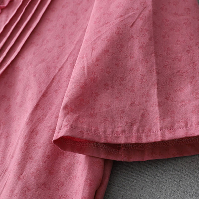 Buddha Stones Casual Retro Jednolity Kolor Guzik Marszczony Okrągły Dekolt Projekt Krótki Rękaw Bawełna Len Midi Sukienka Z Kieszeniami