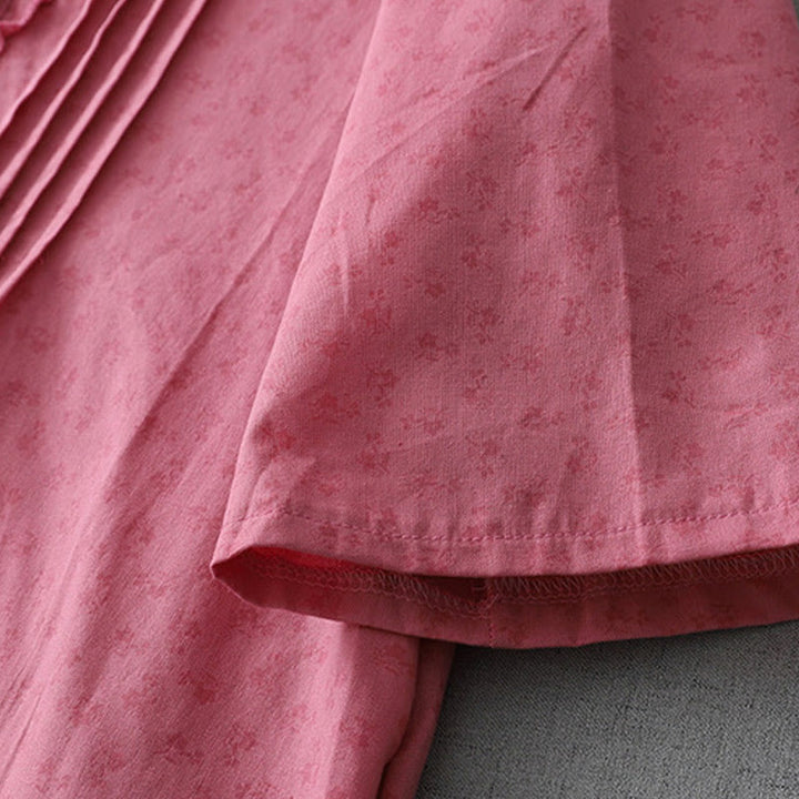 Buddha Stones Casual Retro Jednolity Kolor Guzik Marszczony Okrągły Dekolt Projekt Krótki Rękaw Bawełna Len Midi Sukienka Z Kieszeniami