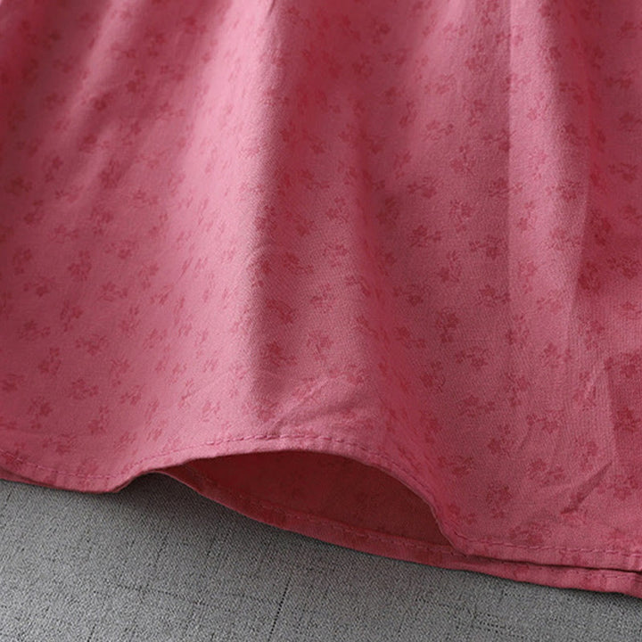 Buddha Stones Casual Retro Jednolity Kolor Guzik Marszczony Okrągły Dekolt Projekt Krótki Rękaw Bawełna Len Midi Sukienka Z Kieszeniami