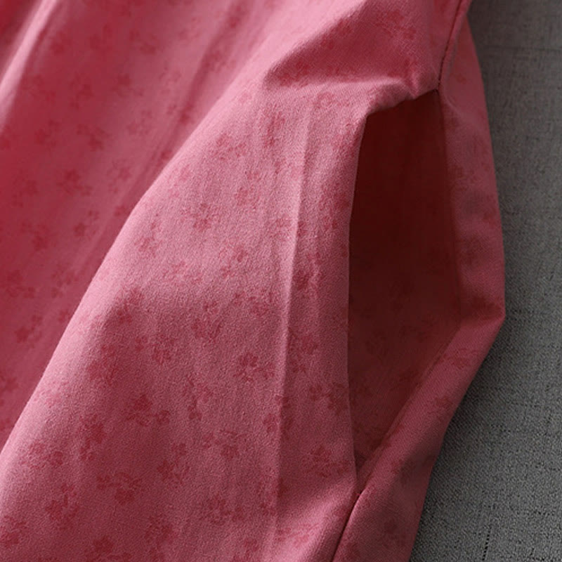 Buddha Stones Casual Retro Jednolity Kolor Guzik Marszczony Okrągły Dekolt Projekt Krótki Rękaw Bawełna Len Midi Sukienka Z Kieszeniami