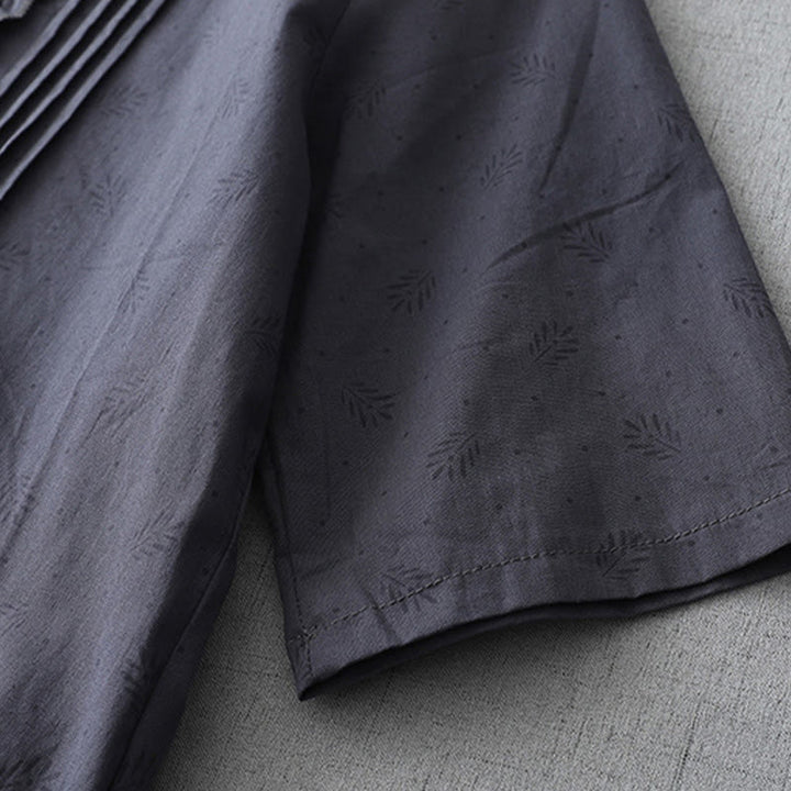 Buddha Stones Casual Retro Jednolity Kolor Guzik Marszczony Okrągły Dekolt Projekt Krótki Rękaw Bawełna Len Midi Sukienka Z Kieszeniami - image 5