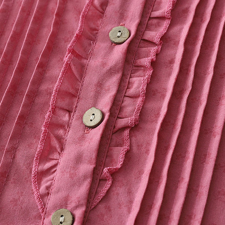 Buddha Stones Casual Retro Jednolity Kolor Guzik Marszczony Okrągły Dekolt Projekt Krótki Rękaw Bawełna Len Midi Sukienka Z Kieszeniami