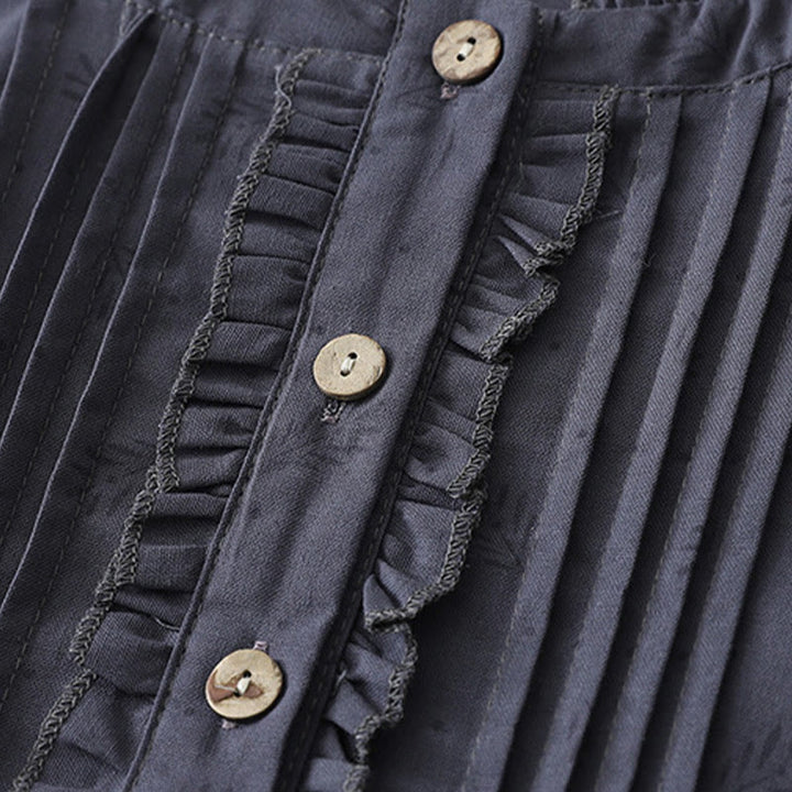 Buddha Stones Casual Retro Jednolity Kolor Guzik Marszczony Okrągły Dekolt Projekt Krótki Rękaw Bawełna Len Midi Sukienka Z Kieszeniami