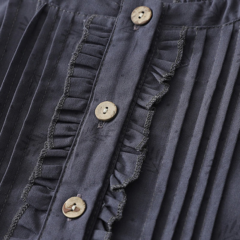 Buddha Stones Casual Retro Jednolity Kolor Guzik Marszczony Okrągły Dekolt Projekt Krótki Rękaw Bawełna Len Midi Sukienka Z Kieszeniami - image 3