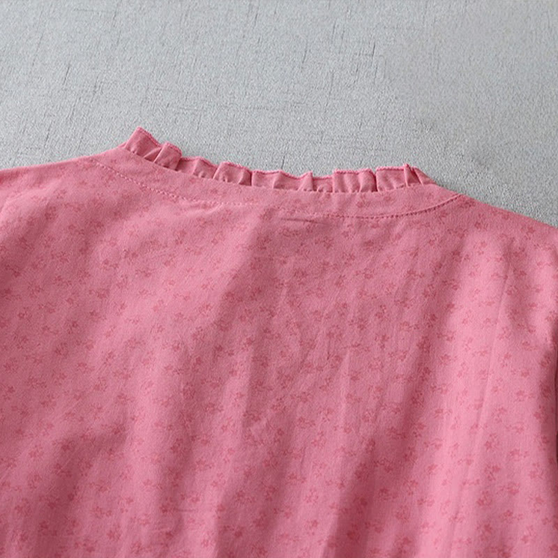 Buddha Stones Casual Retro Jednolity Kolor Guzik Marszczony Okrągły Dekolt Projekt Krótki Rękaw Bawełna Len Midi Sukienka Z Kieszeniami