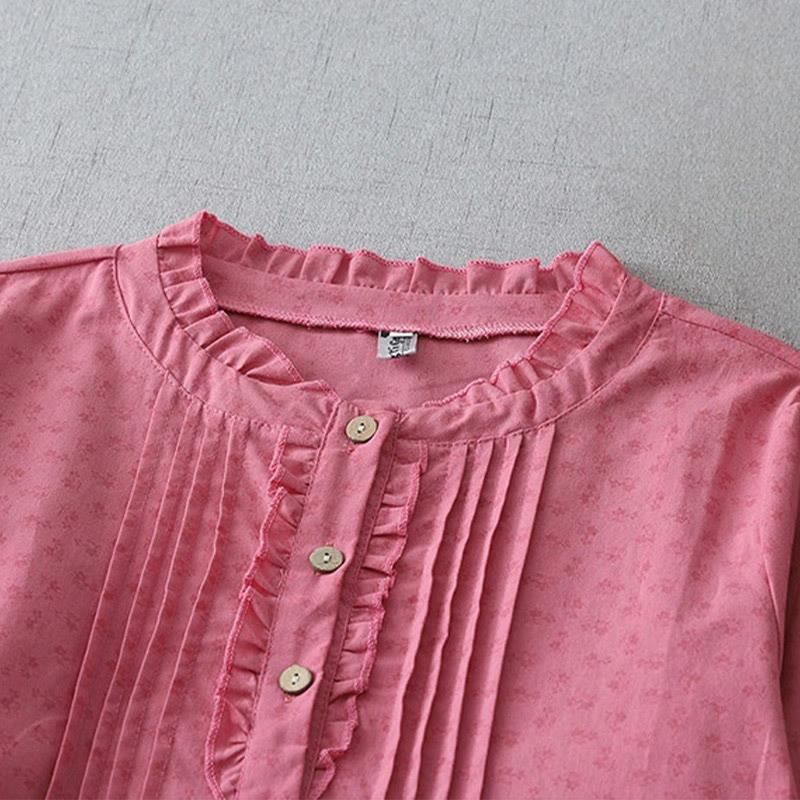 Buddha Stones Casual Retro Jednolity Kolor Guzik Marszczony Okrągły Dekolt Projekt Krótki Rękaw Bawełna Len Midi Sukienka Z Kieszeniami