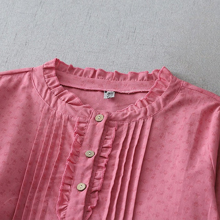 Buddha Stones Casual Retro Jednolity Kolor Guzik Marszczony Okrągły Dekolt Projekt Krótki Rękaw Bawełna Len Midi Sukienka Z Kieszeniami