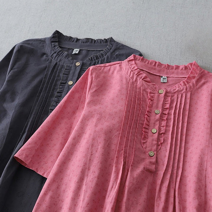 Buddha Stones Casual Retro Jednolity Kolor Guzik Marszczony Okrągły Dekolt Projekt Krótki Rękaw Bawełna Len Midi Sukienka Z Kieszeniami - image 17