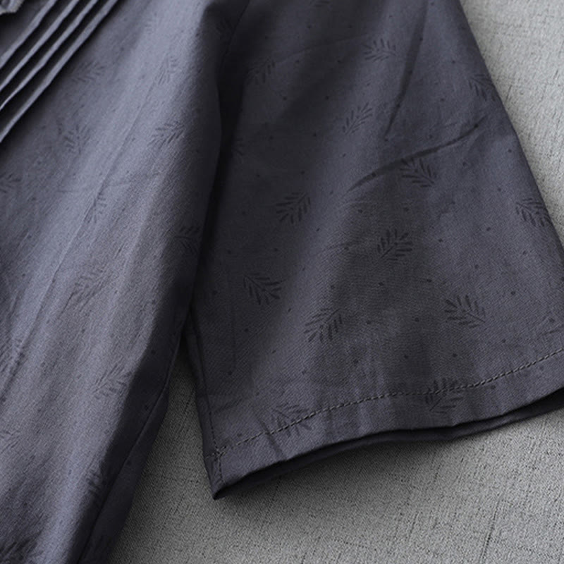 Buddha Stones Casual Retro Jednolity Kolor Guzik Marszczony Okrągły Dekolt Projekt Krótki Rękaw Bawełna Len Midi Sukienka Z Kieszeniami