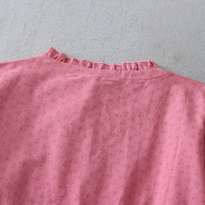 Buddha Stones Casual Retro Jednolity Kolor Guzik Marszczony Okrągły Dekolt Projekt Krótki Rękaw Bawełna Len Midi Sukienka Z Kieszeniami - image 10