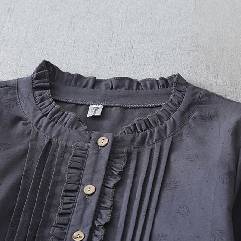 Buddha Stones Casual Retro Jednolity Kolor Guzik Marszczony Okrągły Dekolt Projekt Krótki Rękaw Bawełna Len Midi Sukienka Z Kieszeniami